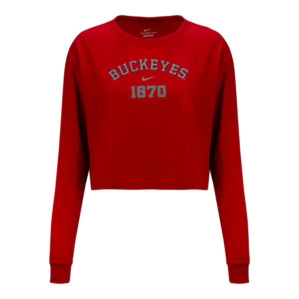 Ladies Ohio State Buckeyes Nike Arched 1870 Crop Long Sleeve - In Scarlet - Front View