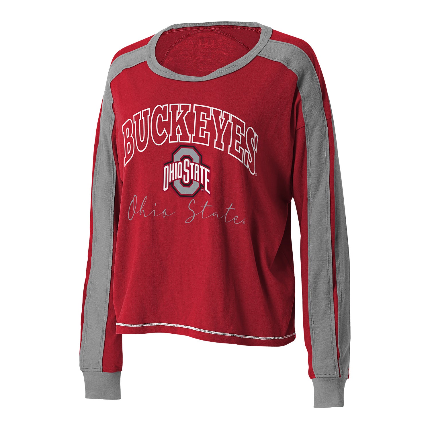 Ladies Ohio State Buckeyes Colorblock Raglan Long Sleeve - In Scarlet - Front View