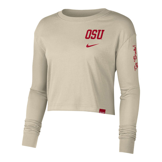 Ladies Ohio State Buckeyes Nike Jr. Varsity Crew Crop Rattan Long Sleeve - In Cream - Front View