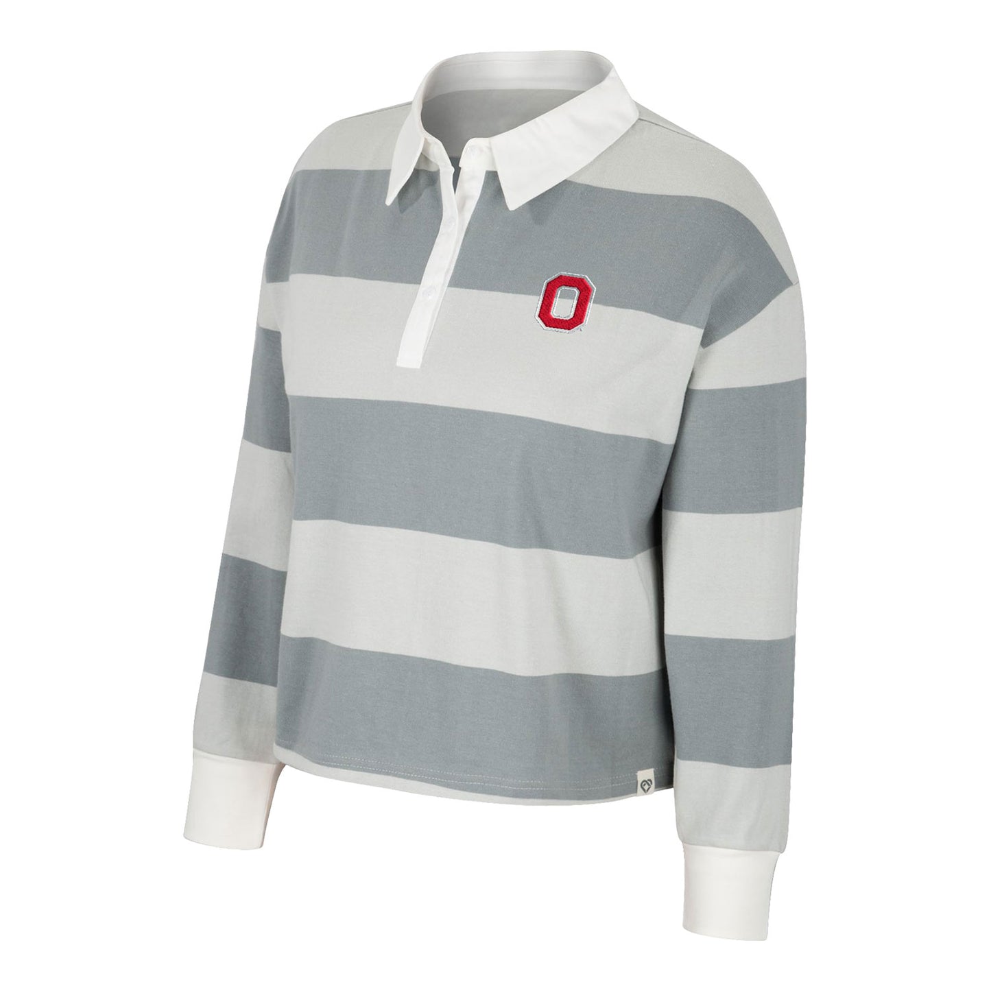 Ladies Ohio State Buckeyes World Peace Rugby Gray/White Pullover T-Shirt - In Gray - In White - Front View