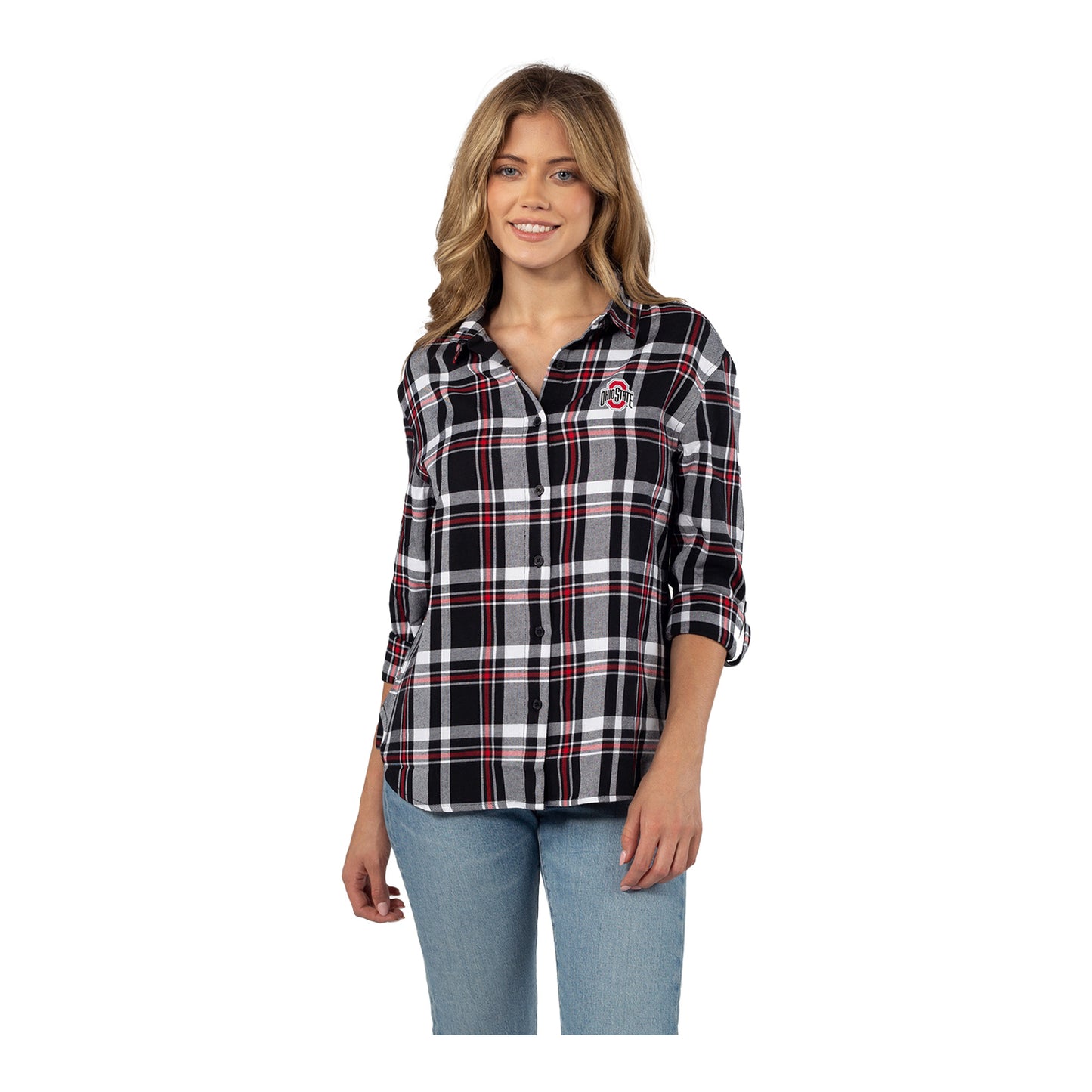 Ladies Ohio State Buckeyes Boyfriend Black and Scarlett Plaid Long Sleeve T-Shirt - In Black - Front View