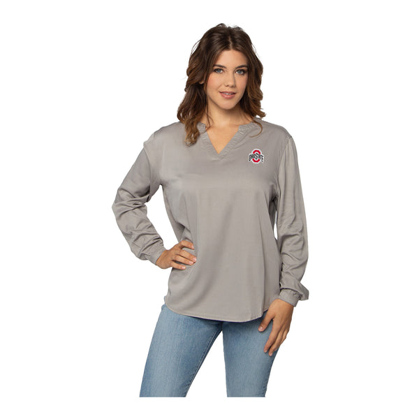Ladies Ohio State Buckeyes Lux Wash Split Neck Long Sleeve Gray Tunic - In Gray - Front View