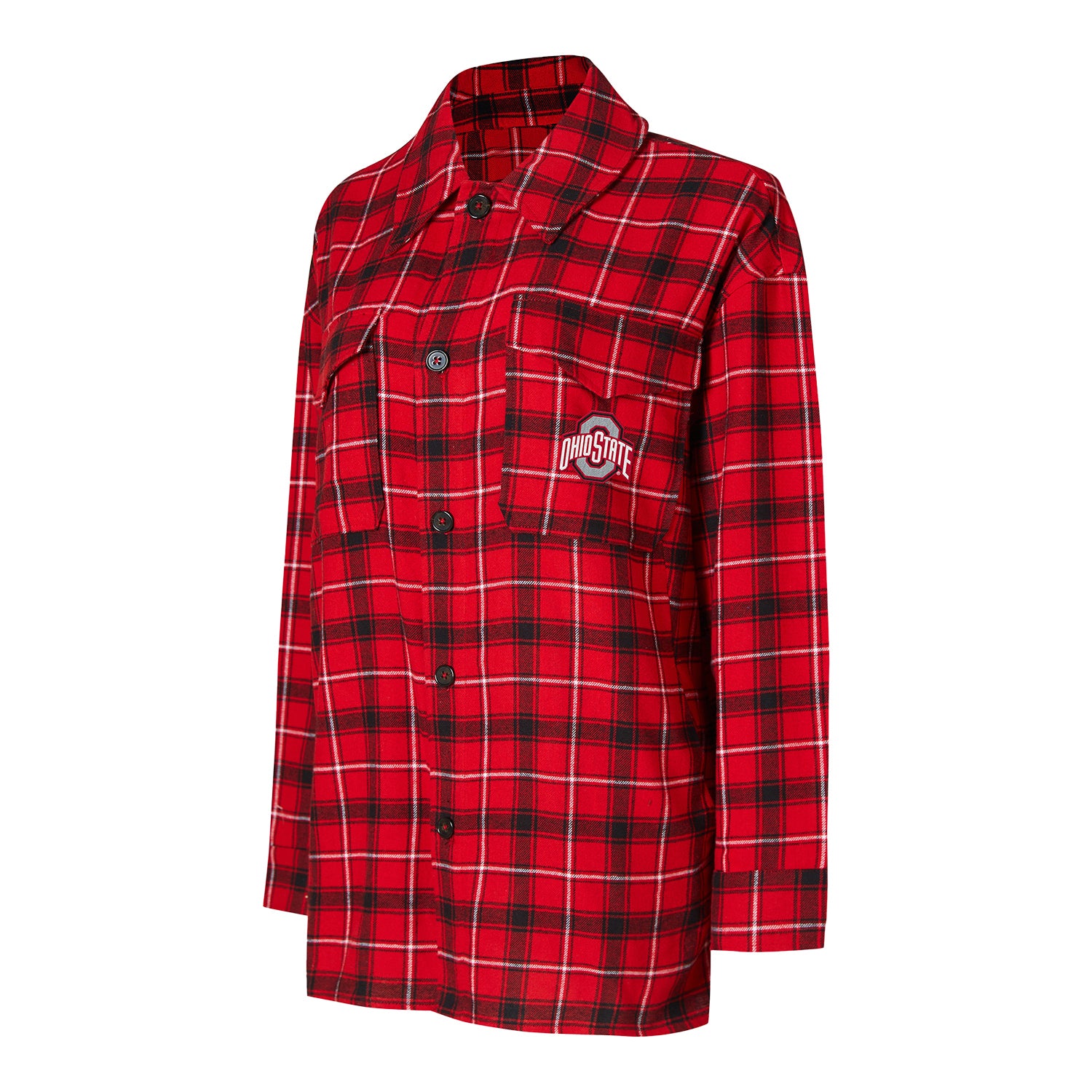 Ladies Ohio State Buckeyes Boyfriend Nightshirt Scarlet & Gray Long Sleeve Flannel - In Scarlet - Front View