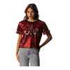 Ladies Cropped Sequin Scarlet T-Shirt - In Scarlet - Front View