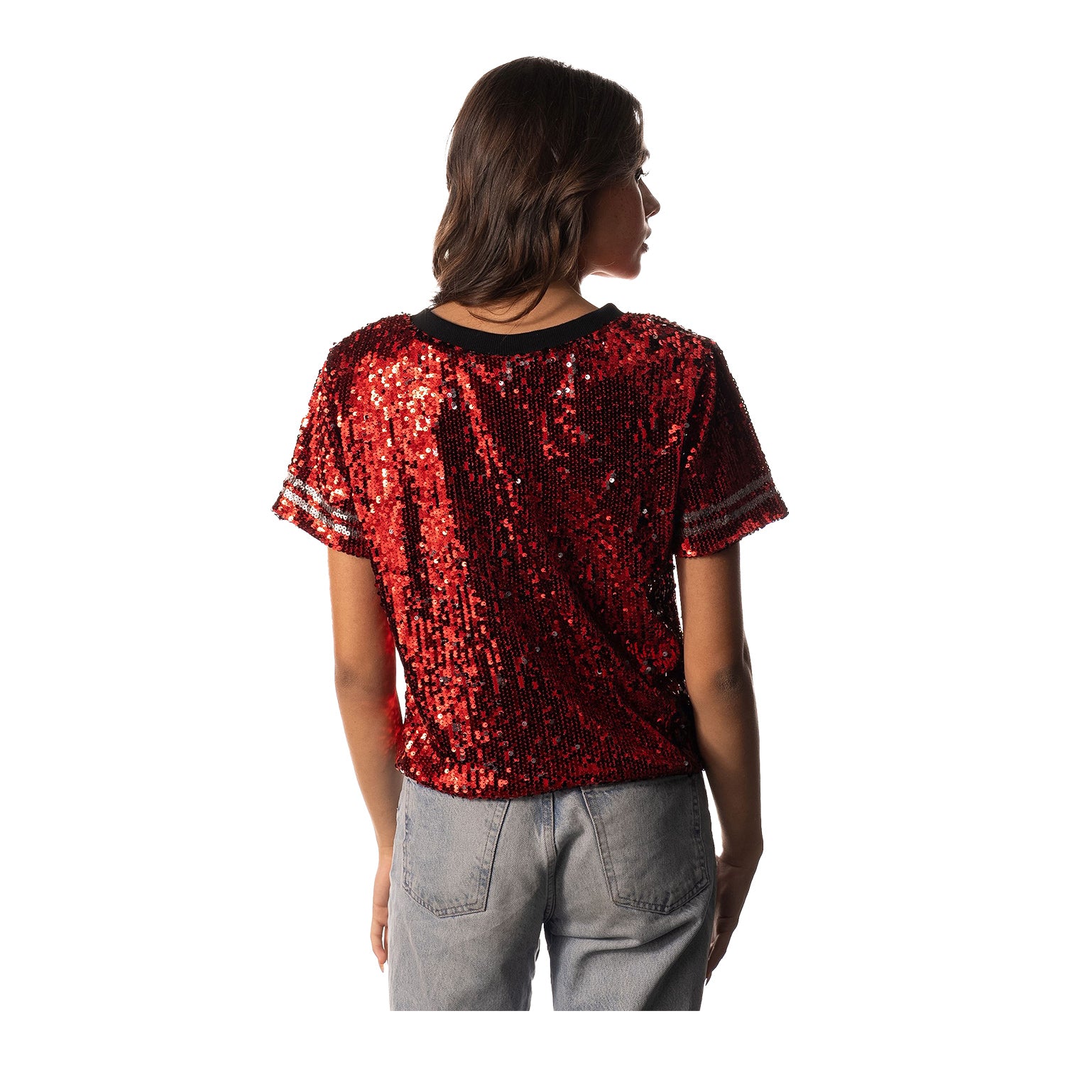 Ladies Cropped Sequin Scarlet T-Shirt