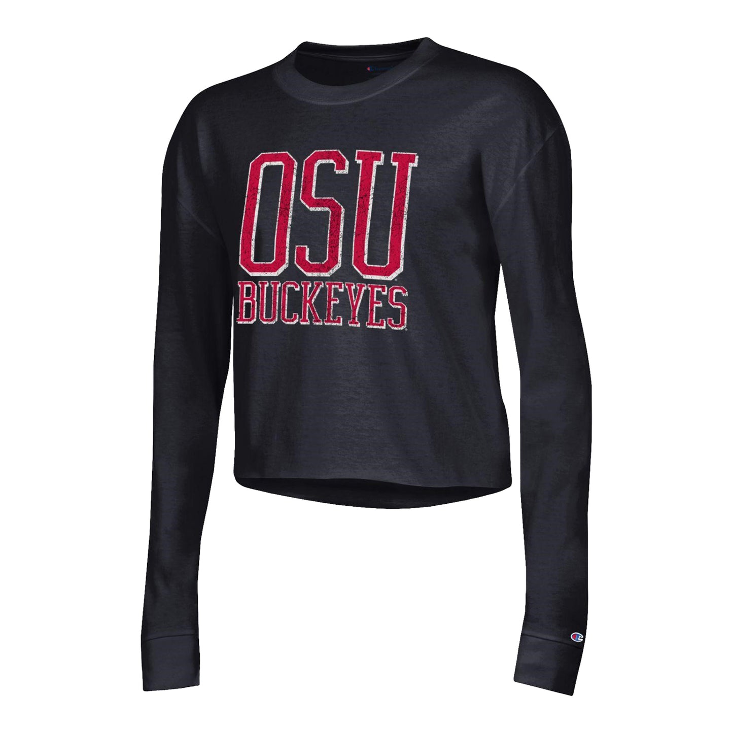 Ladies Ohio State Buckeyes Boyfriend Crop Black Long Sleeve T-Shirt - In Black - Front View