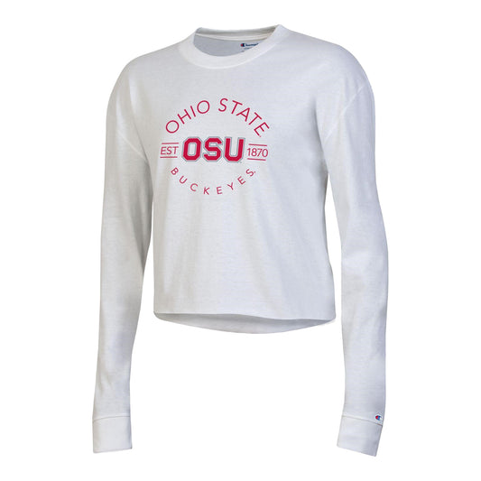 Ladies Ohio State Buckeyes Boyfriend Crop White Long Sleeve T-Shirt - In White - Front View