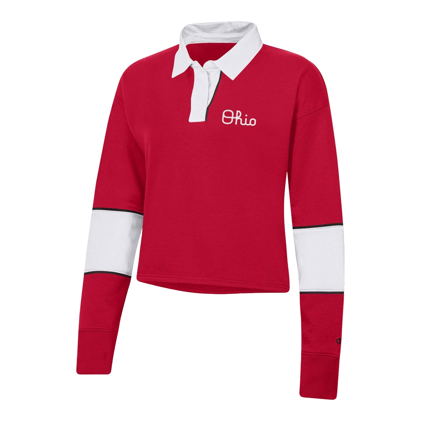 Ohio State Buckeyes Champion Script Collar Long Sleeve Scarlet Crop - Front View