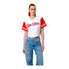 Ladies Ohio State Buckeyes Baseball Script White Cropped Jersey - Front View