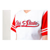 Ladies Ohio State Buckeyes Baseball Script White Cropped Jersey - Up Close Front VIew