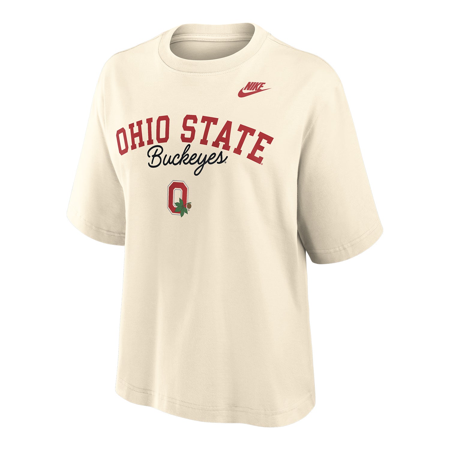 Ladies Ohio State Buckeyes Nike Legacy Boxy T-Shirt In Cream - Front View