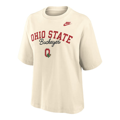 Ladies Ohio State Buckeyes Nike Legacy Boxy T-Shirt In Cream - Front View