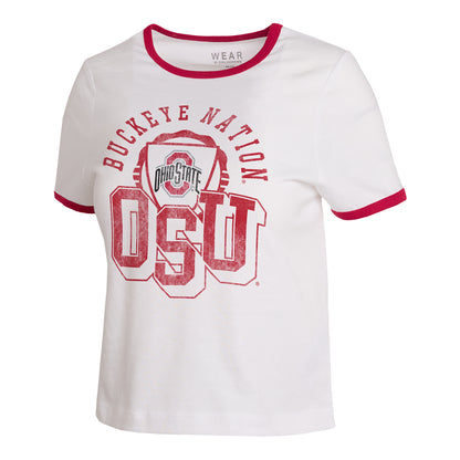 Ladies Ohio State Buckeyes WEAR Ringer Cropped T-Shirt In White - Front View