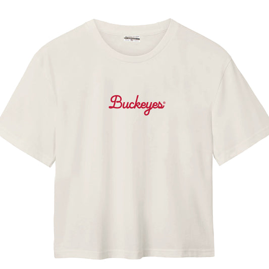 Ladies Ohio State Buckeyes Where I'm From Script Buckeyes  T-Shirt In White -  Front View