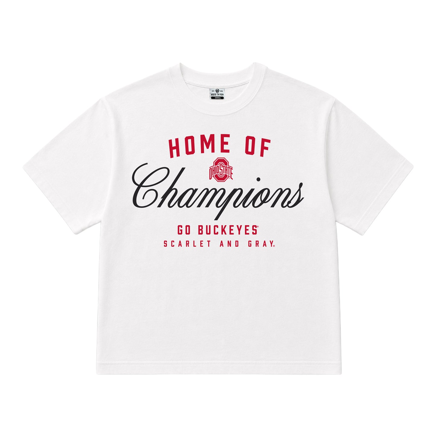 Ladies Ohio State Buckeyes Champions Script Crop Tee - Front