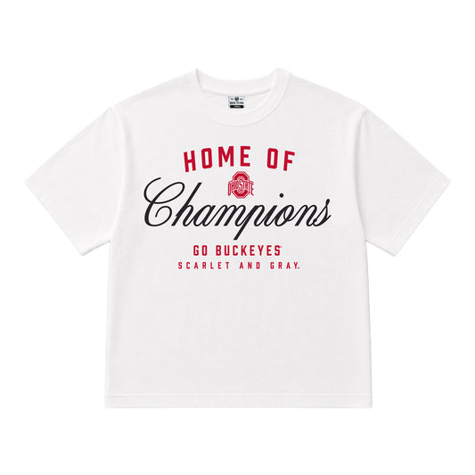 Ladies Ohio State Buckeyes Champions Script Crop Tee - Front