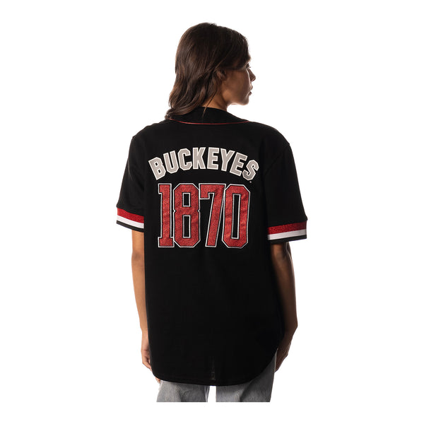 Ladies Woven Button Up Black Baseball Jersey - In Black - Back View