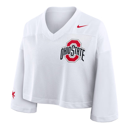 Women's Ohio State Buckeyes Nike Cropped Jersey Top In White - Front View