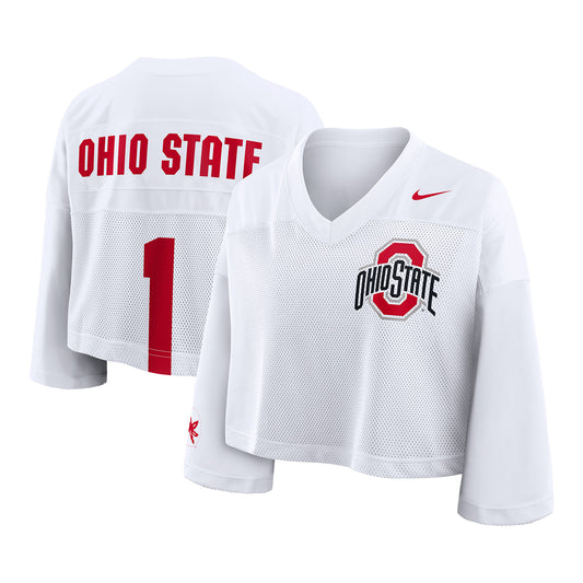 Women's Ohio State Buckeyes Nike Cropped Jersey Top In White - Front & Back View