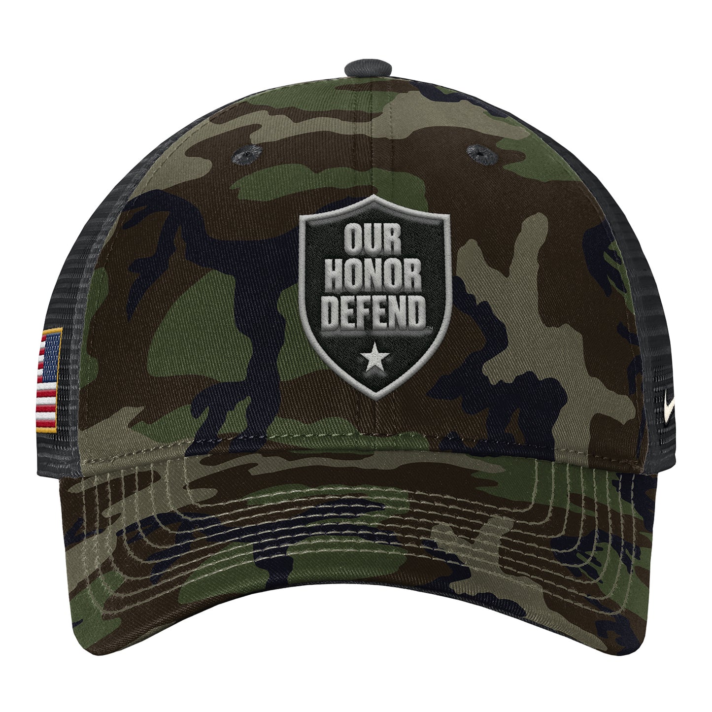 Ohio State Buckeyes Nike Our Honor Defend Structured Trucker Hat In Camo - Front View