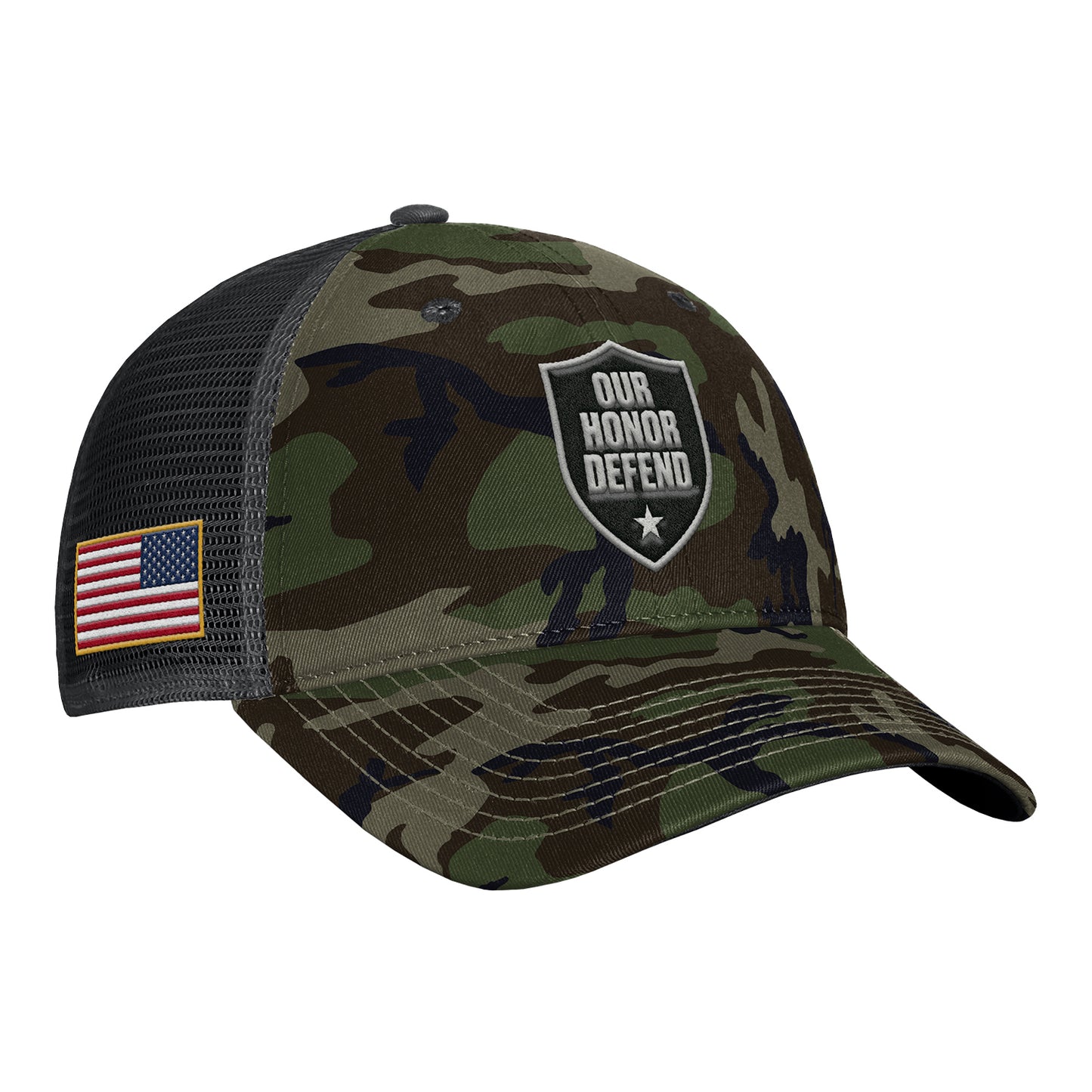 Ohio State Buckeyes Nike Our Honor Defend Structured Trucker Hat In Camo - Front Right View