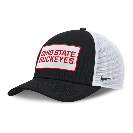 Ohio State Buckeyes Nike Rise Patch Trucker Hat In Black - Front Left View