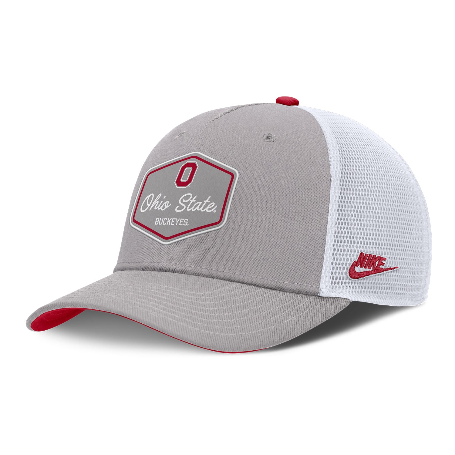 Ohio State Buckeyes Nike Legacy Patch Trucker Hat In Grey - Front Left View