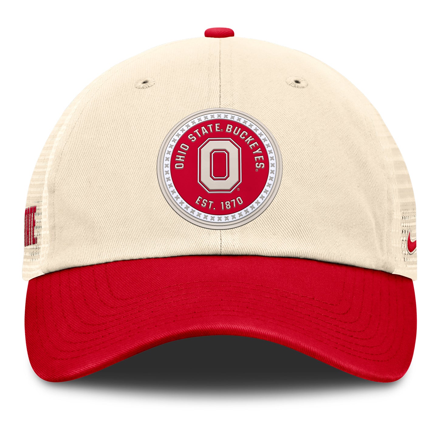 Ohio State Buckeyes Nike Unstructured Trucker Hat in White and Scarlet - Front