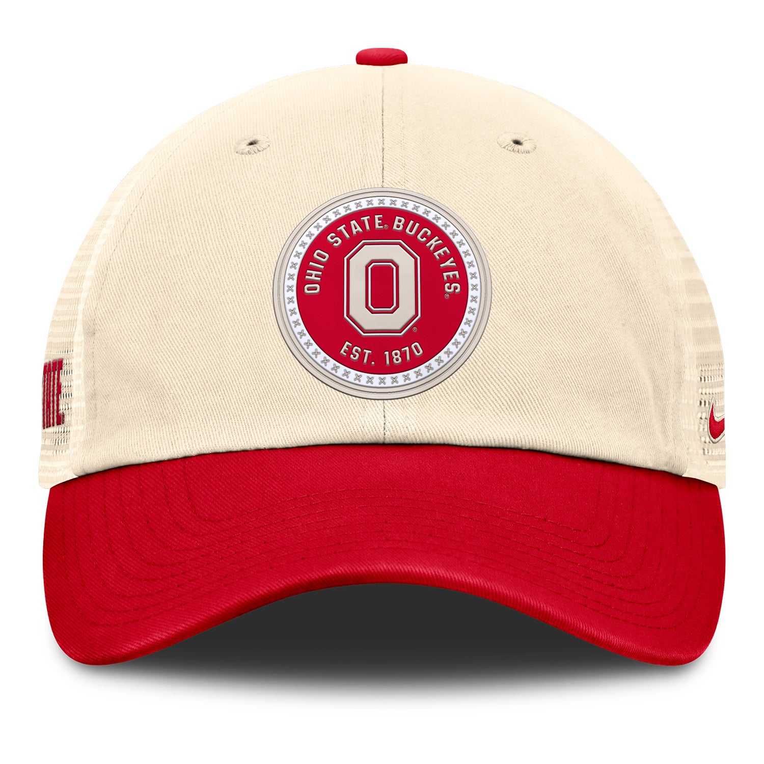 Ohio State Buckeyes Nike Unstructured Trucker Hat in White and Scarlet - Front