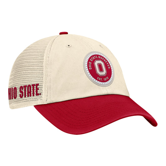 Ohio State Buckeyes Nike Unstructured Trucker Hat in White and Scarlet - Angled Front Right View