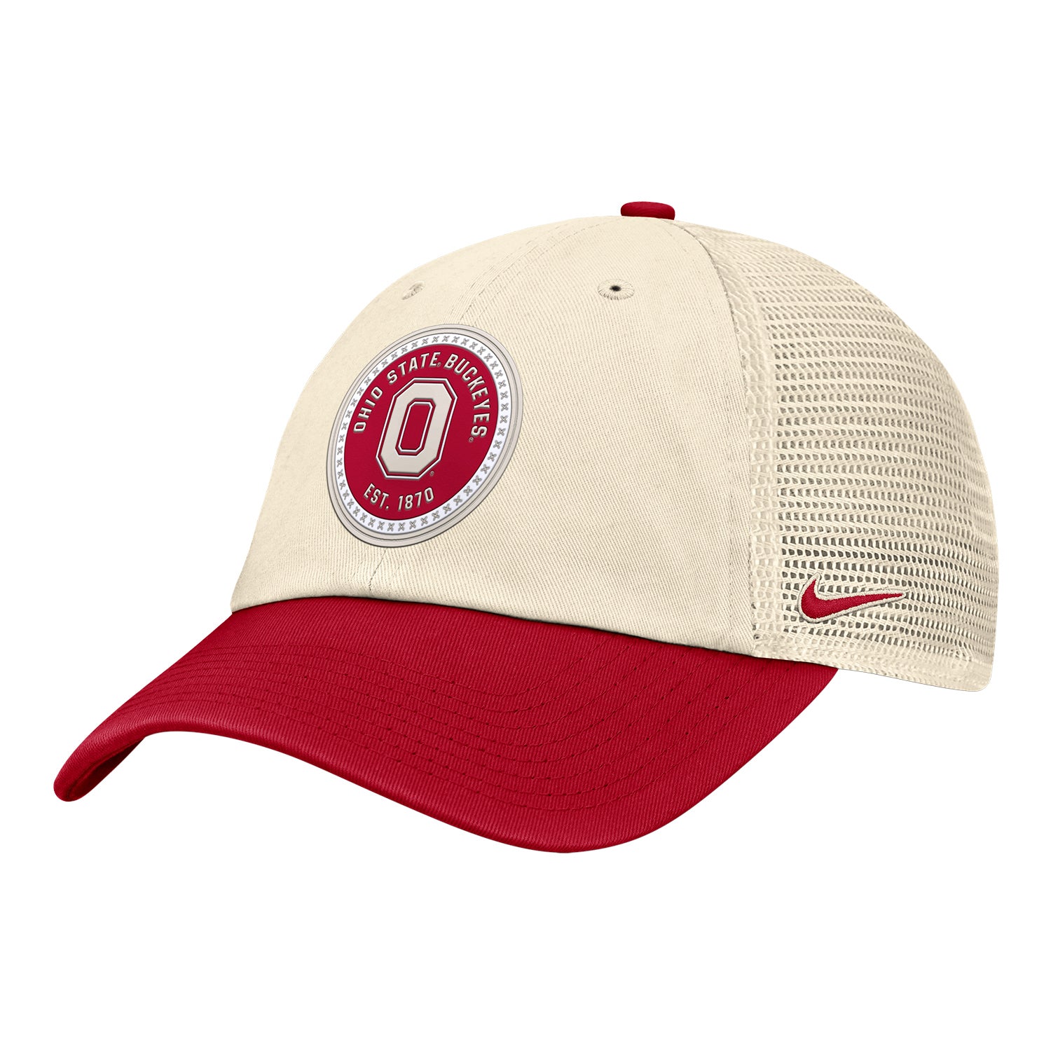 Ohio State Buckeyes Nike Unstructured Trucker Hat in White and Scarlet - Angled Front Left