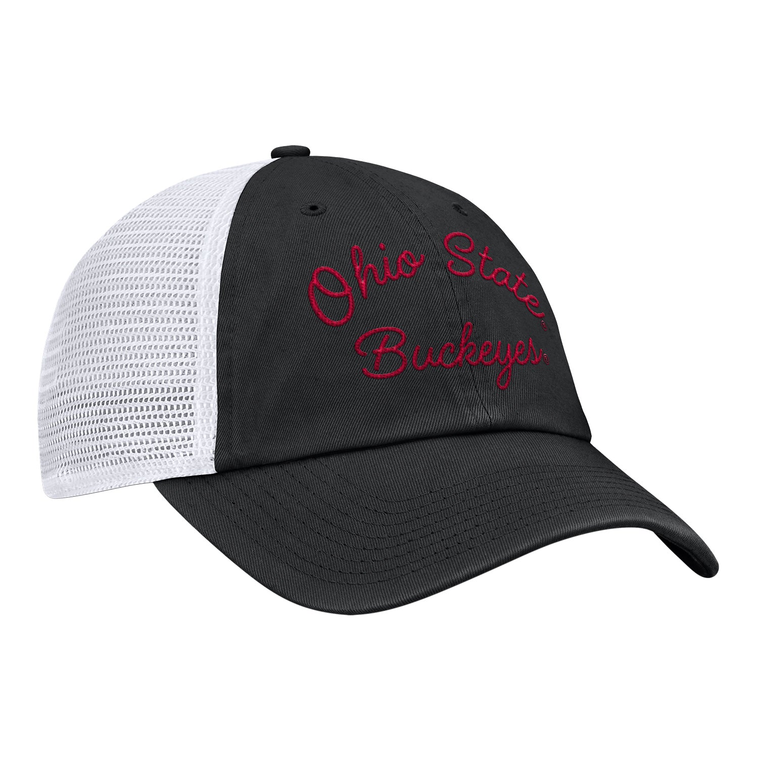 Ohio State Buckeyes Nike Unstructured Trucker Hat in Black - Angled Front Right