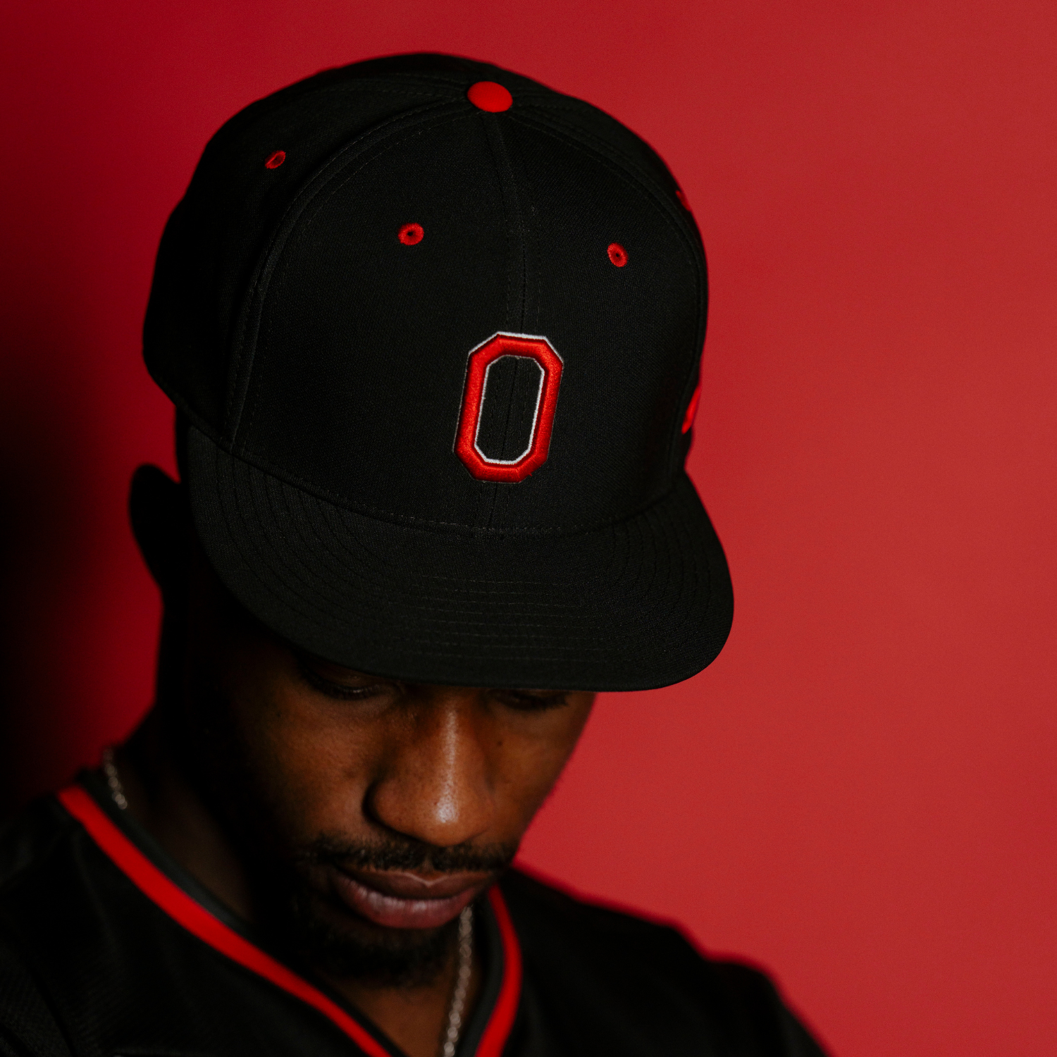 Ohio State Buckeyes On Field Baseball Black Hat - Ellis Modeled