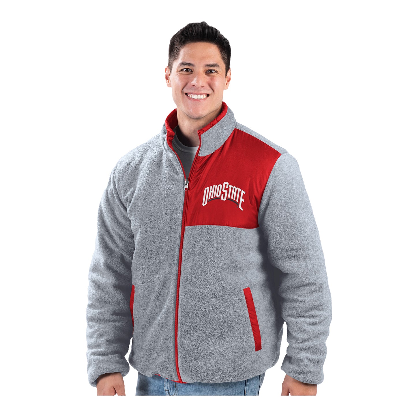 Ohio State Buckeyes Baseline Reversible Full-Zip Scarlet & Gray Jacket - In Gray - Alternate Front View