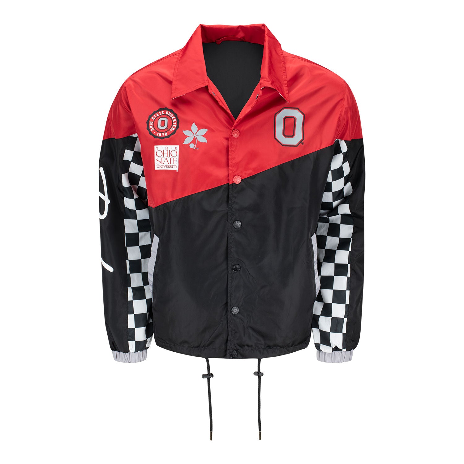 Ohio State Buckeyes Checkered Full Zip Jacket In Red & Black - Front View Off Model