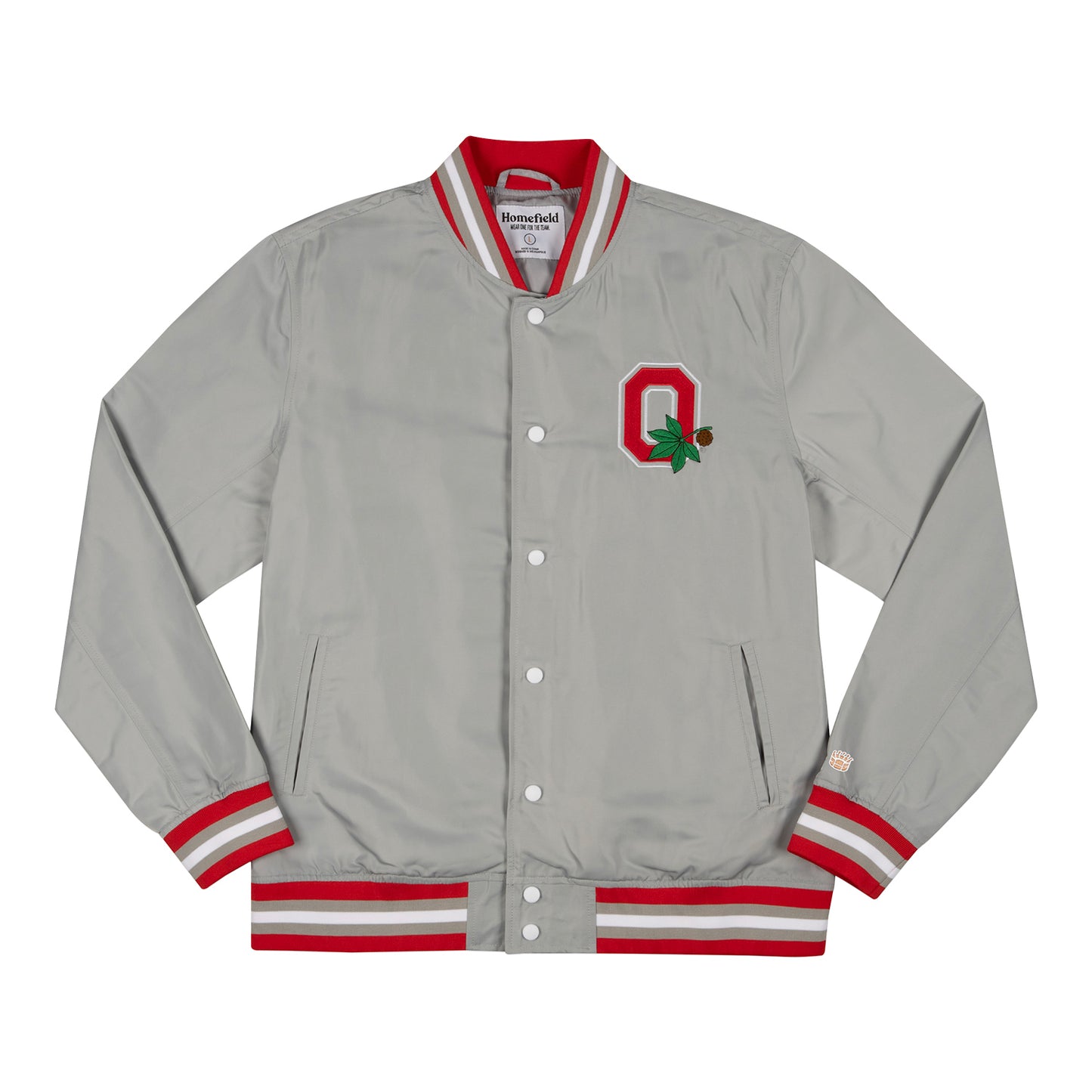 Ohio State Buckeyes Homefield Heritage Block O Bomber Jacket In Gray - Front View
