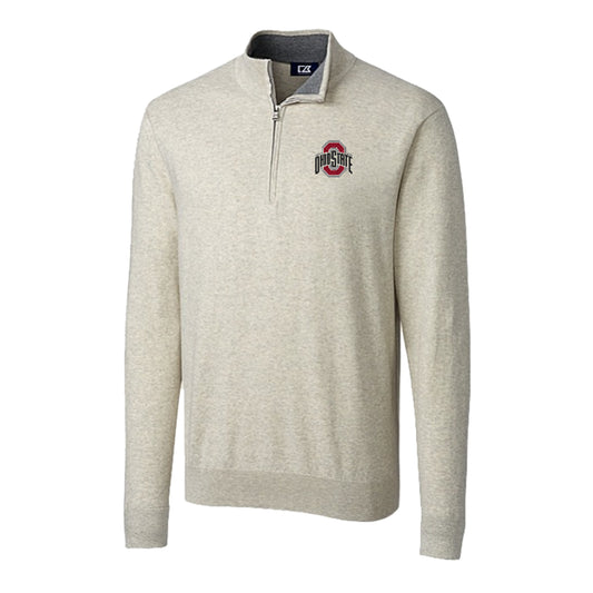 Ohio State Buckeyes Cutter & Buck Lakemont Tri-Blend Oatmeal 1/4 Zip Pullover - Front View