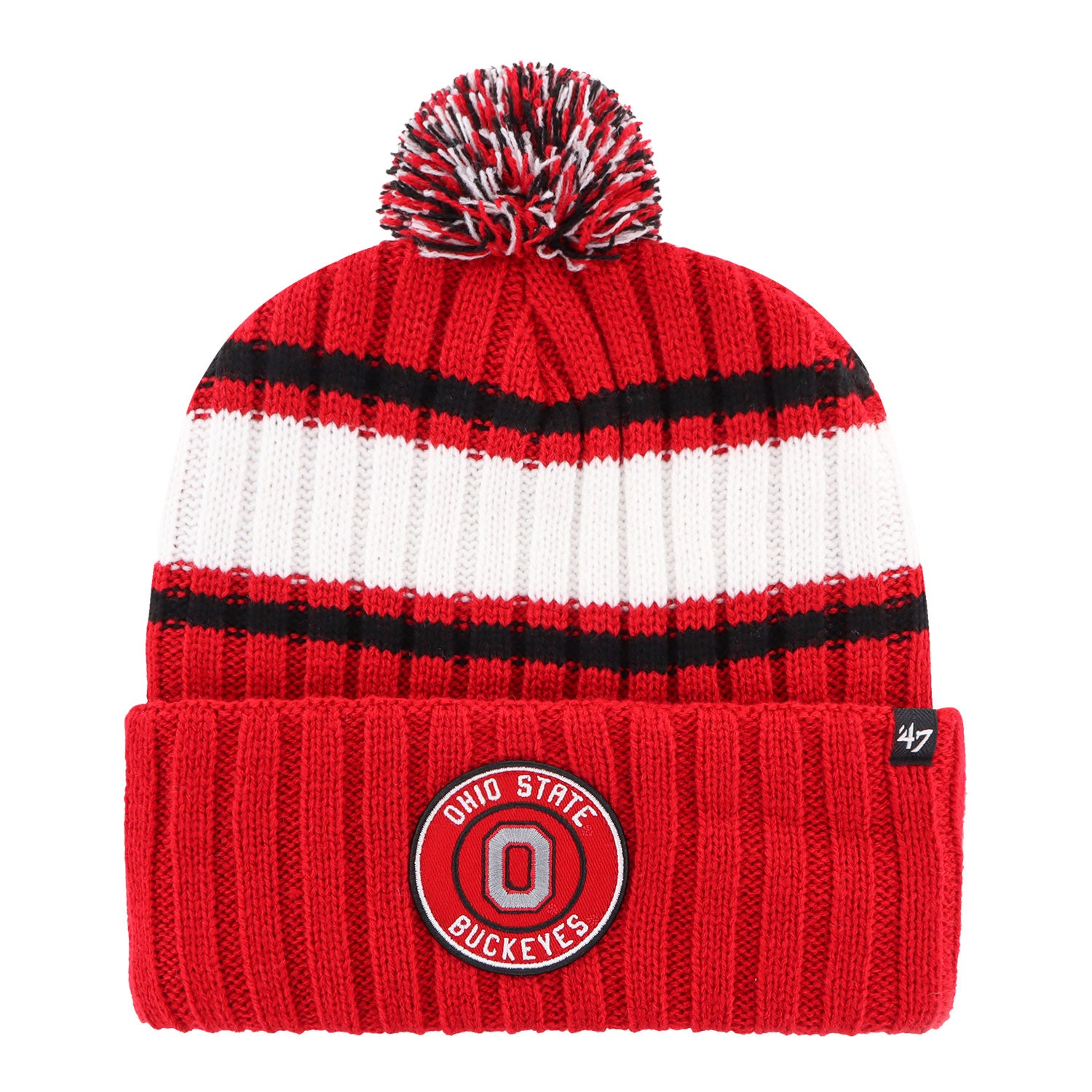 Ohio State Buckeyes Pleateau Stripe Cuff Pom Knit Hat - Front View