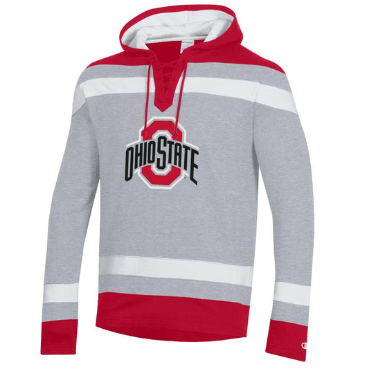 Ohio State Buckeyes Super Fan Big Stripe Hockey Gray Hood - In Gray - Front View