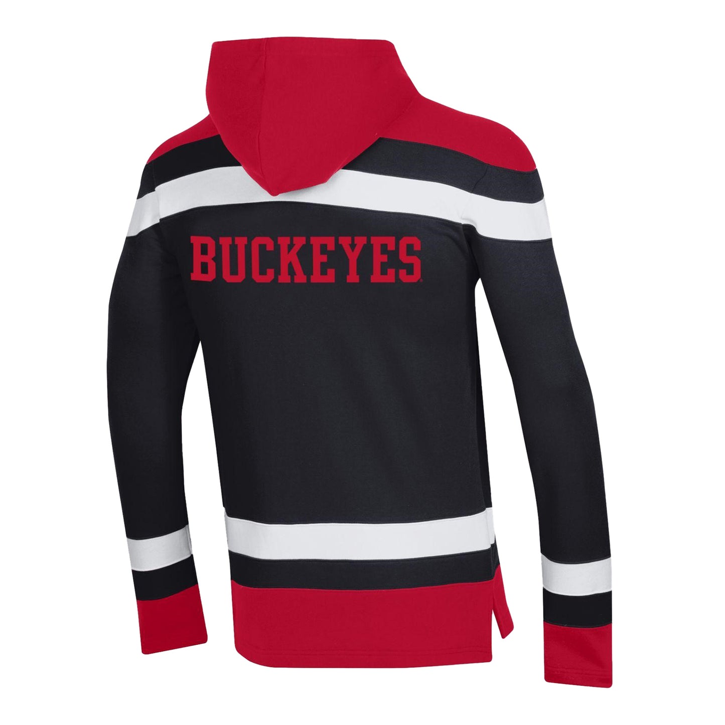 Ohio State Buckeyes Super Fan Big Stripe Hockey Black Hood - In Black - Back View