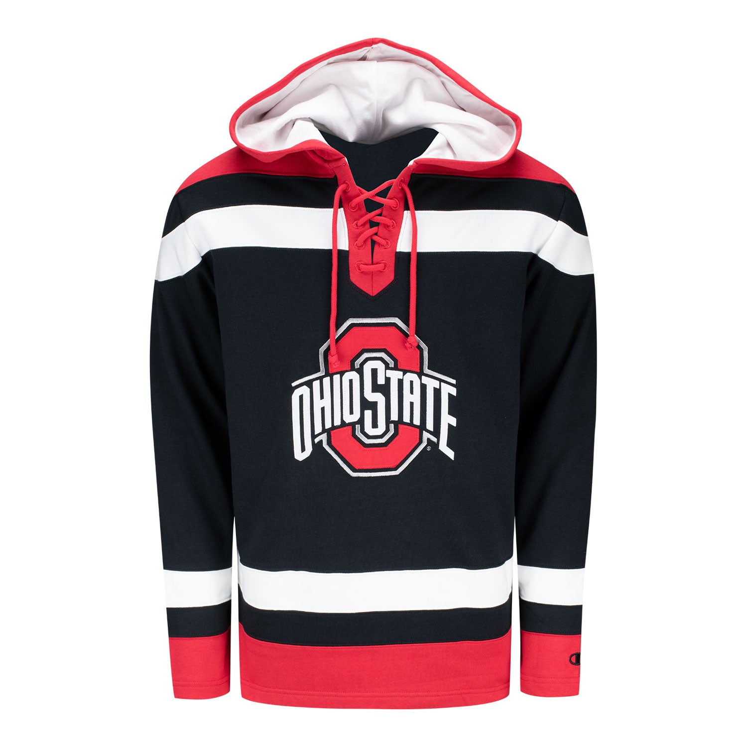 Ohio State Buckeyes Super Fan Big Stripe Hockey Black Hood In Black, Red & White - Front View
