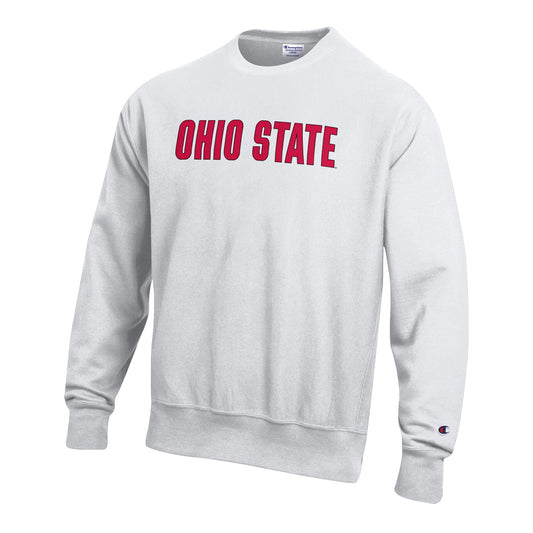 Ohio State Buckeyes Wordmark Reverse Weave White Crew - In White - Front View