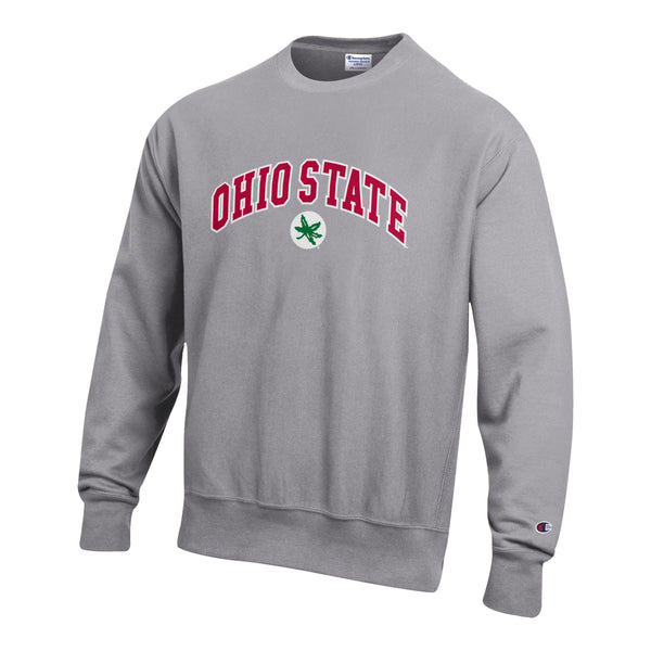 Ohio State Buckeyes Twill Arch Wordmark Reverse Weave Gray Crew  - In Gray - Front View