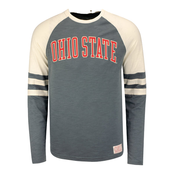 Ohio State Buckeyes Long Sleeve Slub Wordmark Logo T-Shirt - In Gray and Cream - Front View