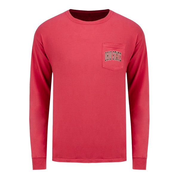 Ohio State Buckeyes Arch Comfort Wash Pocket Long Sleeve - In Scarlet - Front View