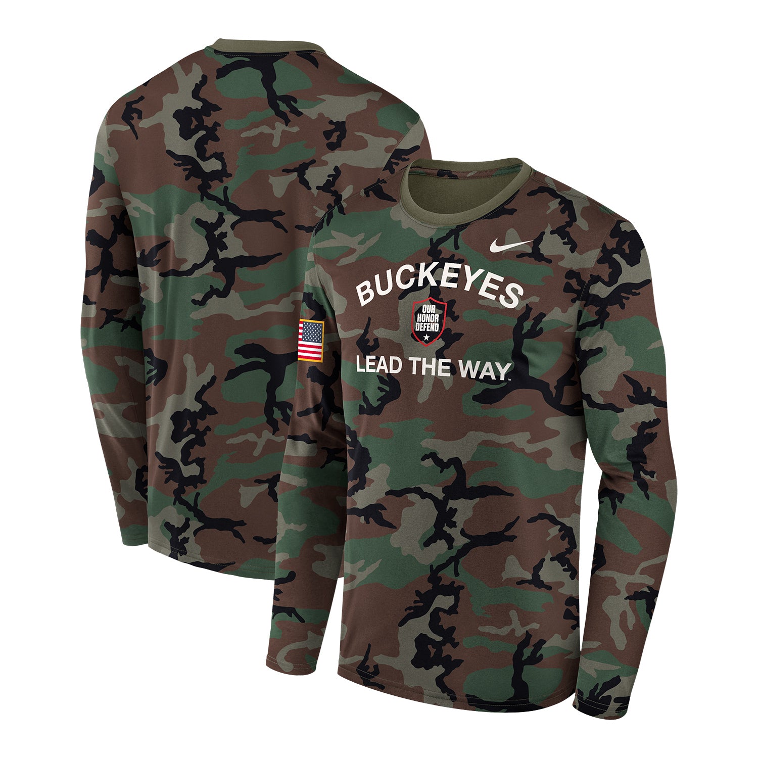 Ohio State Buckeyes Nike Our Honor Defend Camo Long Sleeve T-Shirt - Front & Back View