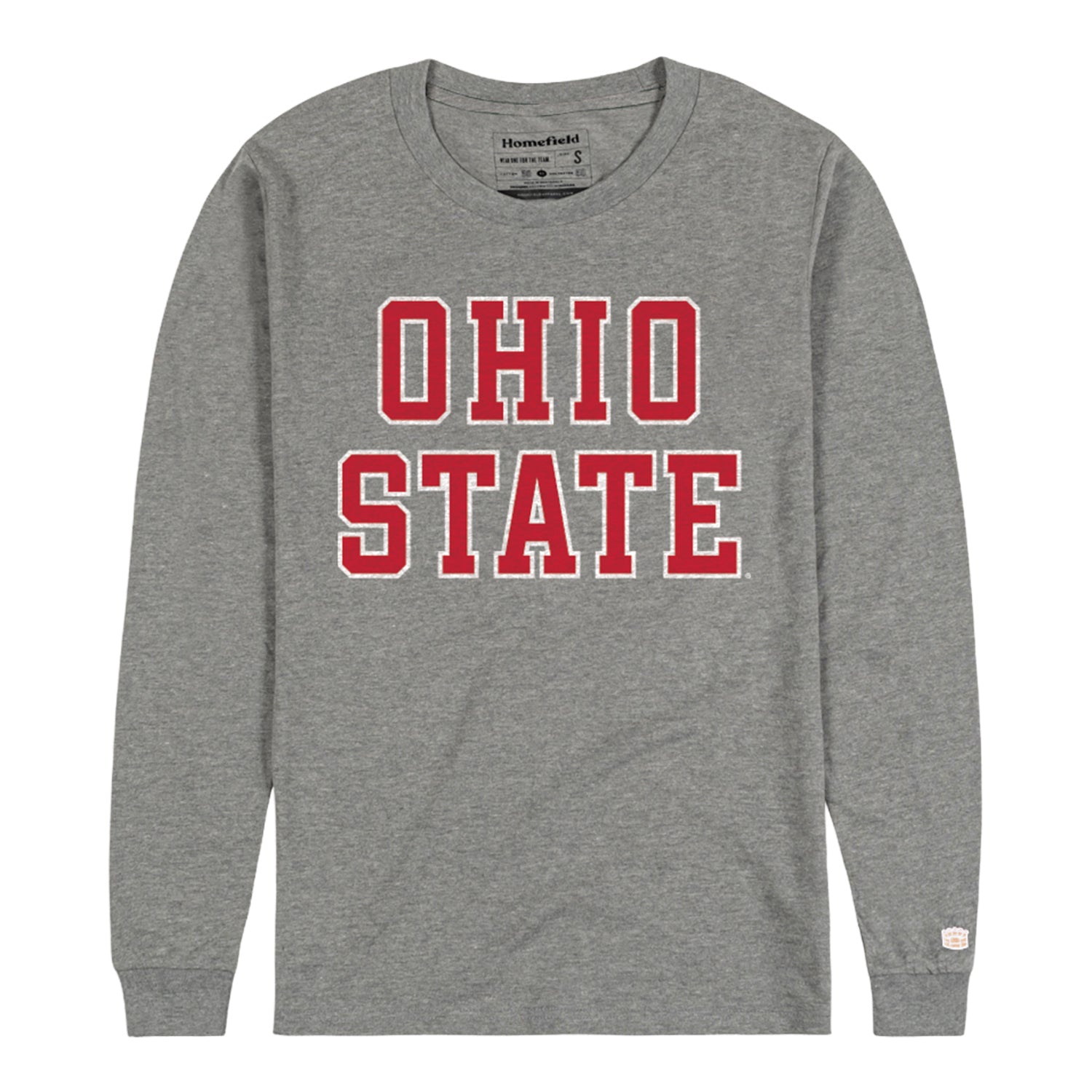 Ohio State Buckeyes Homefield Wordmark Long Sleeve T-Shirt In Grey - Front View