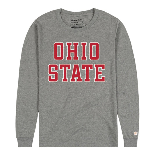Ohio State Buckeyes Homefield Wordmark Long Sleeve T-Shirt In Grey - Front View