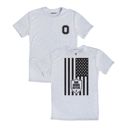 Ohio State Buckeyes Our Honor Defend Distressed Flag Tee In Gray - Front & Back View