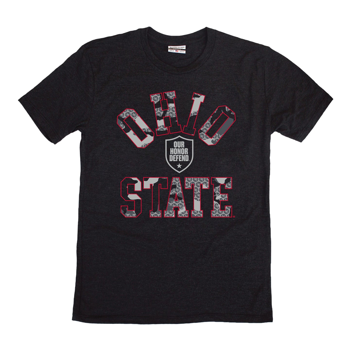 Ohio State Buckeyes Our Honor Defend Camo Wordmark Tee In Black - Front View